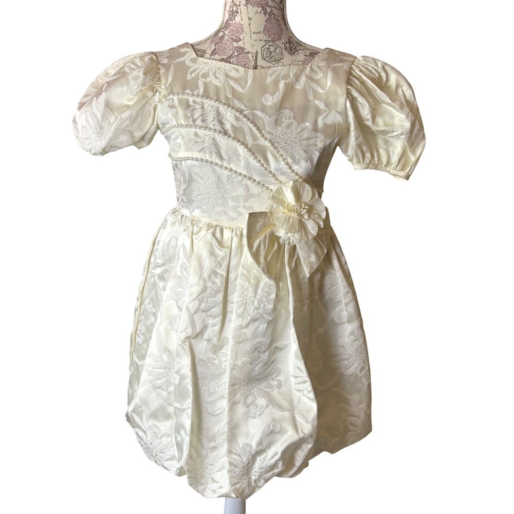 Vintage‎ Kawalala Cream Floral Brocade Dress Pearls Flower Sz 12 Girls Party